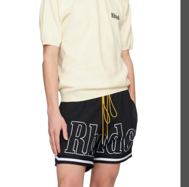 RHUDE Large Logo Printed Splicing Ribbon Drawstring Shorts Khaki Grey Black S-XL Size