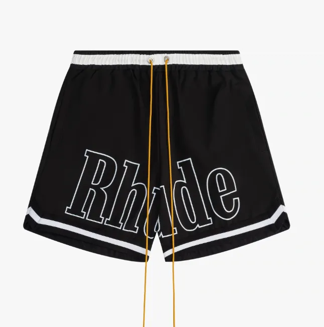 RHUDE Large Logo Printed Splicing Ribbon Drawstring Shorts Khaki Grey Black S-XL Size