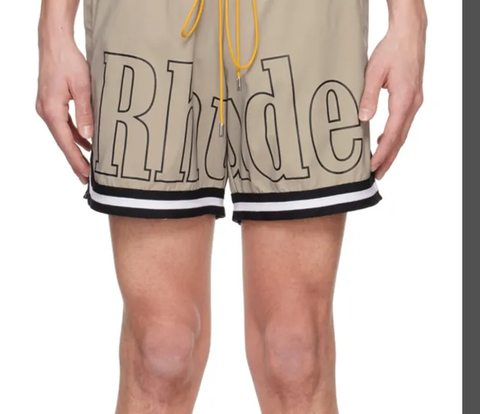 RHUDE Large Logo Printed Splicing Ribbon Drawstring Shorts Khaki Grey Black S-XL Size