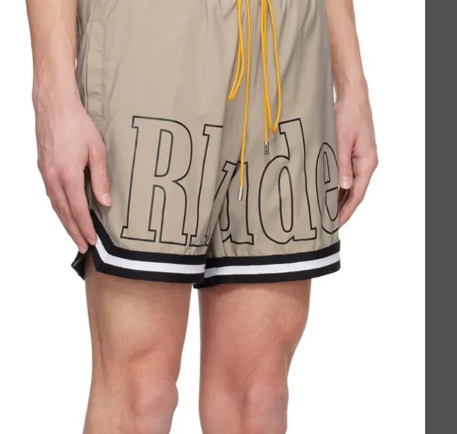 RHUDE Large Logo Printed Splicing Ribbon Drawstring Shorts Khaki Grey Black S-XL Size