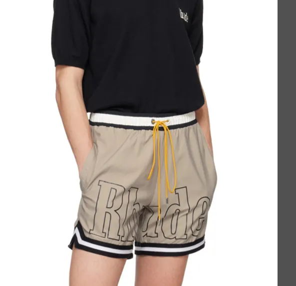 RHUDE Large Logo Printed Splicing Ribbon Drawstring Shorts Khaki Grey Black S-XL Size