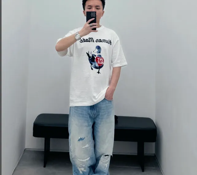 HUMAN MADE SS24 Human made Capsule Series Watercolor Duck Pattern American Retro Single Seam Bamboo Cotton Cylinder Short Sleeve T-shirt