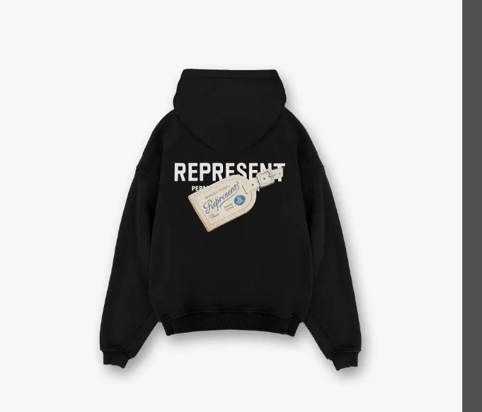 REPRESENT LUGGAGE TAG PRINTED HOODED COTTON SWEATSHIRT American Retro Luggage Tag English Letter Printed Woolen Hoop Hoodie Hoodie