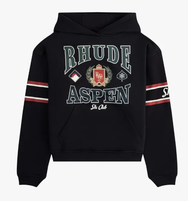 RHUDE ASPEN SKI CREST HOODIE Retro American Letter Badge Sleeve Badge Printed Hoop Hoodie Black S M L XL