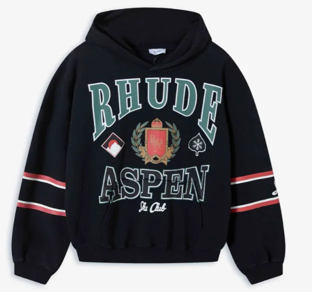 RHUDE ASPEN SKI CREST HOODIE Retro American Letter Badge Sleeve Badge Printed Hoop Hoodie Black S M L XL