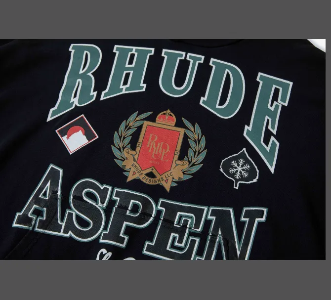 RHUDE ASPEN SKI CREST HOODIE Retro American Letter Badge Sleeve Badge Printed Hoop Hoodie Black S M L XL