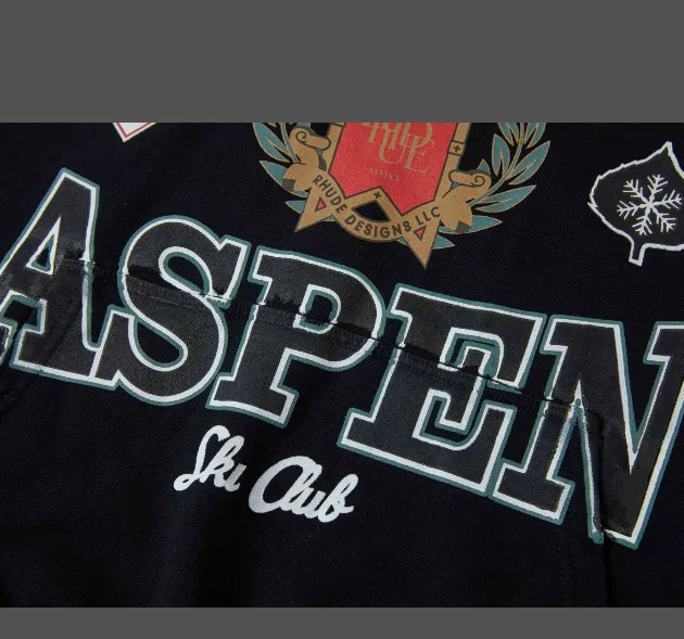 RHUDE ASPEN SKI CREST HOODIE Retro American Letter Badge Sleeve Badge Printed Hoop Hoodie Black S M L XL