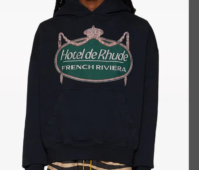 RHUDE RIVIERA HOODIE Retro American Crown English Printed Woolen Hoodie Black S M L XL