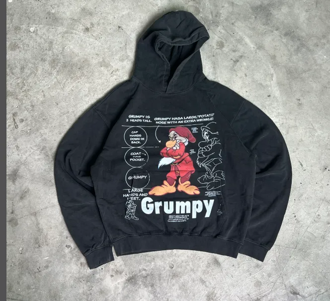 Wang Jiaer Same Style 90S GRUMPY DISNEY VINTAGE HOODIE Retro American Vintage Washed and Used Disney Dwarf Cartoon Printed Hoodie Washed Black S M L XL