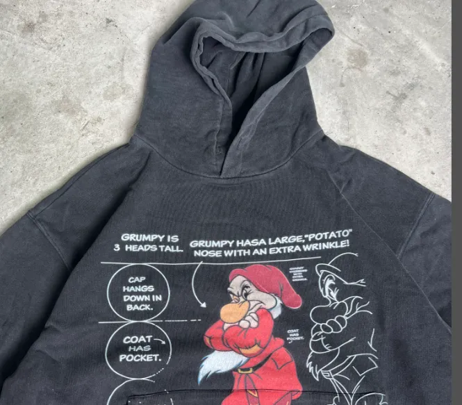 Wang Jiaer Same Style 90S GRUMPY DISNEY VINTAGE HOODIE Retro American Vintage Washed and Used Disney Dwarf Cartoon Printed Hoodie Washed Black S M L XL