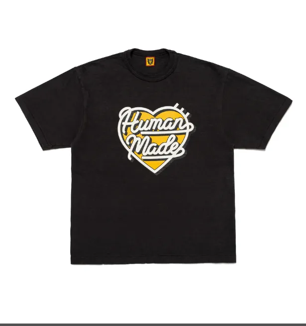 HUMAN MADE SS24 Heart Logo Retro English Font Logo Printed Round Neck Bamboo Cotton Cylinder Short Sleeve T-shirt Black White S M L XL