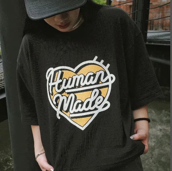 HUMAN MADE SS24 Heart Logo Retro English Font Logo Printed Round Neck Bamboo Cotton Cylinder Short Sleeve T-shirt Black White S M L XL