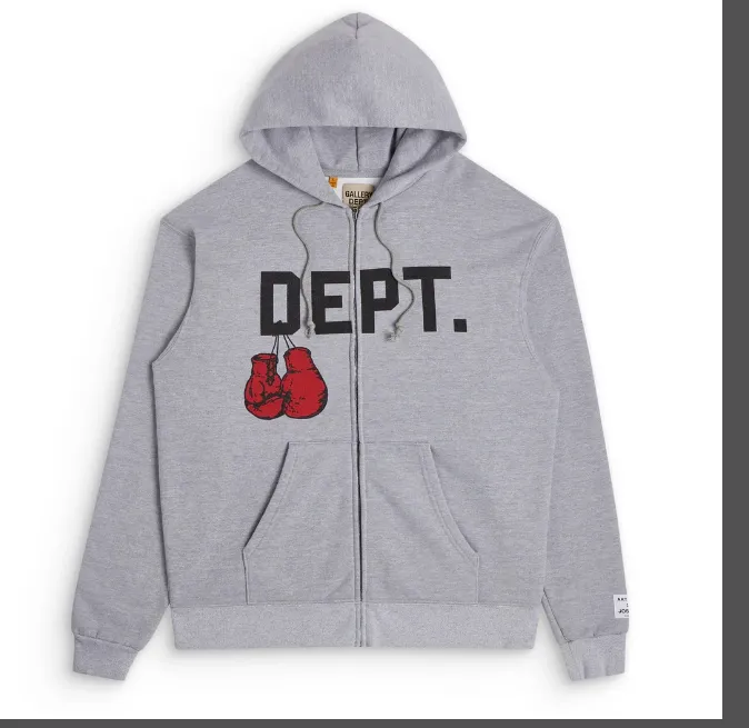 GALLERY DEPT. BOXING MERCH ZIP HOODIE Retro American Boxing Gloves Letter Printed Zipper Hoodie Light Grey S M L XL