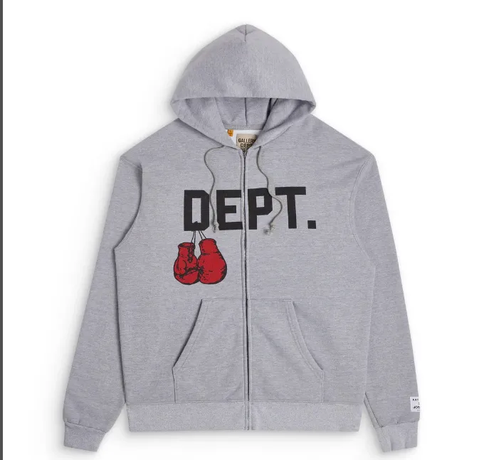 GALLERY DEPT. BOXING MERCH ZIP HOODIE Retro American Boxing Gloves Letter Printed Zipper Hoodie Light Grey S M L XL