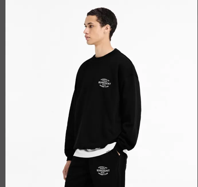 Representative Letter Slogan Logo Printed Round Neck Hoodie Black Warm White S-XL Size