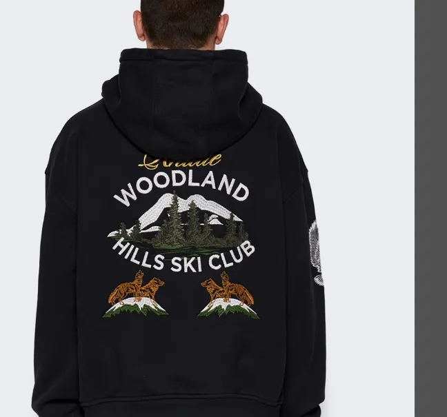 RHUDE Snow Mountain Ski Club slogan logo embroidered hooded sweatshirt black S-XL size