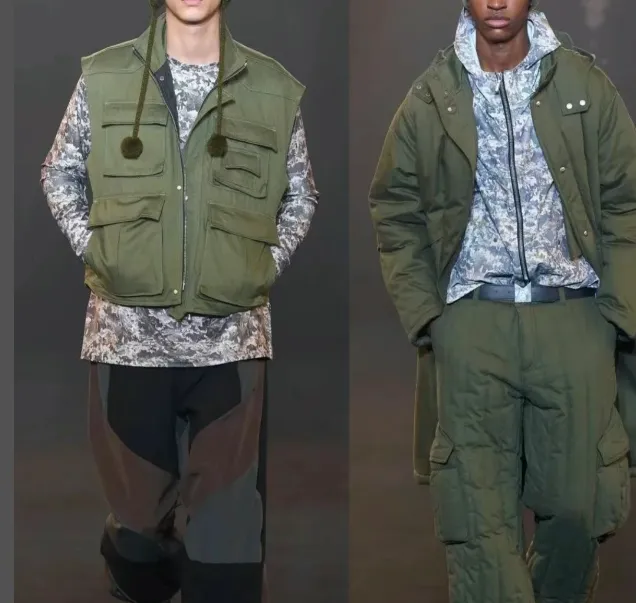 RHUDE runway style workwear with multiple pockets and functional cotton jacket, khaki military green S-XL size