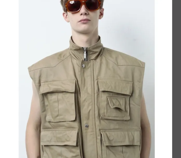 RHUDE runway style workwear with multiple pockets and functional cotton jacket, khaki military green S-XL size