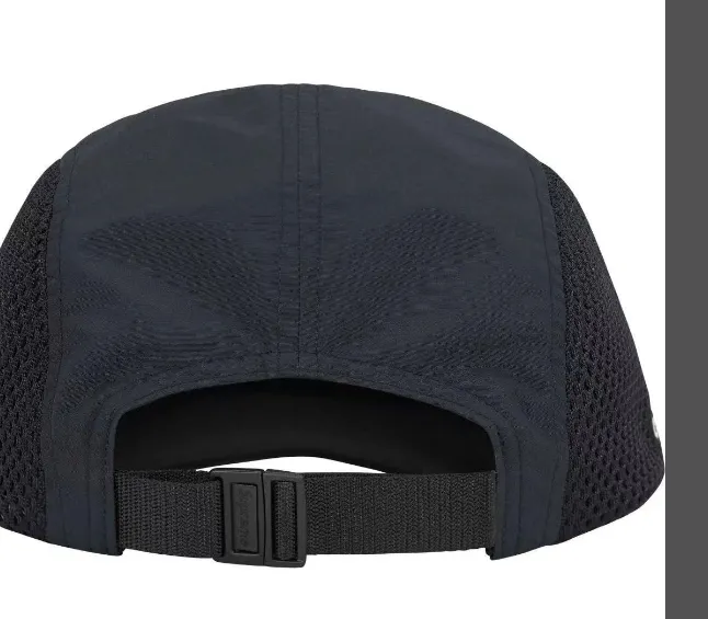 24ss mesh side panel camp hat in black, white, red, and blue