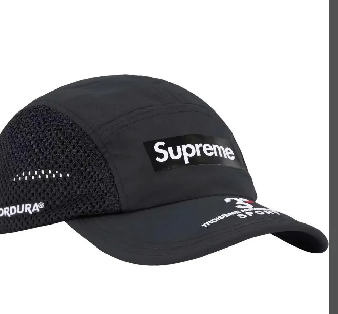 24ss mesh side panel camp hat in black, white, red, and blue