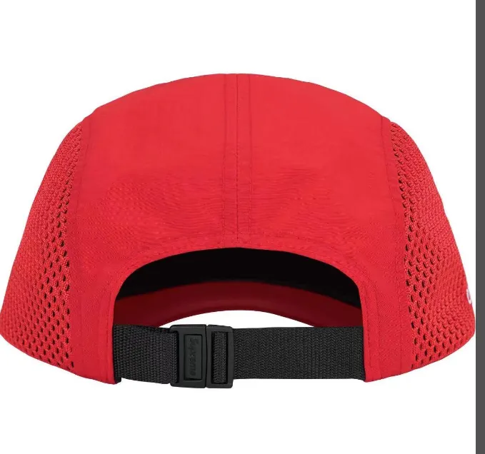 24ss mesh side panel camp hat in black, white, red, and blue