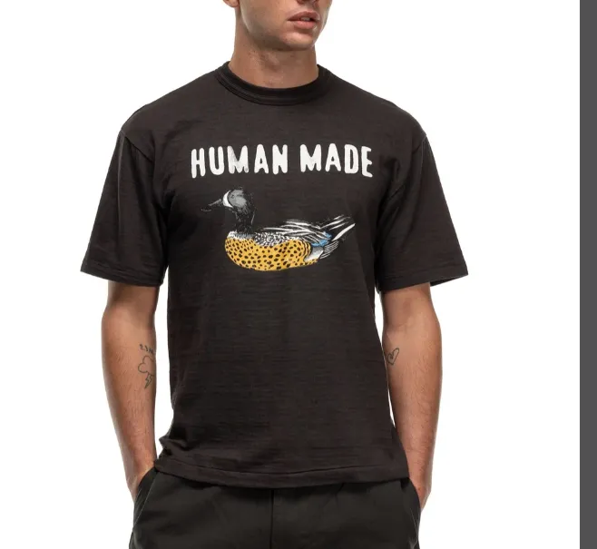 HUMAN MADE GRAPH T-SHIRT Retro American Cartoon Spotted Duck English Printed Cylinder Bamboo Cotton Short Sleeve T-shirt Black White S M L XL