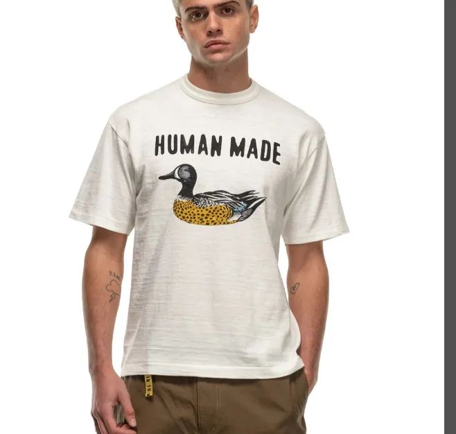 HUMAN MADE GRAPH T-SHIRT Retro American Cartoon Spotted Duck English Printed Cylinder Bamboo Cotton Short Sleeve T-shirt Black White S M L XL