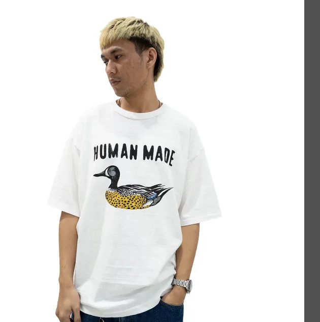 HUMAN MADE GRAPH T-SHIRT Retro American Cartoon Spotted Duck English Printed Cylinder Bamboo Cotton Short Sleeve T-shirt Black White S M L XL