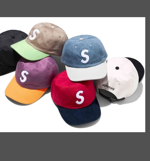 24SS 2-TONE S LOGO 6-PANEL Retro Color blocked Embroidered Leather Buckle Hat White Black Red Khaki