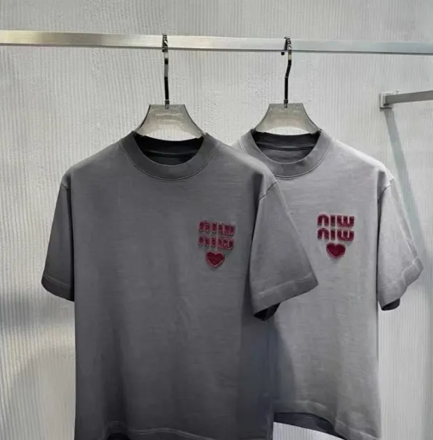 MIU ready to wear cross dyed embroidered love letter short sleeved T-shirt washed with water grey S-XL