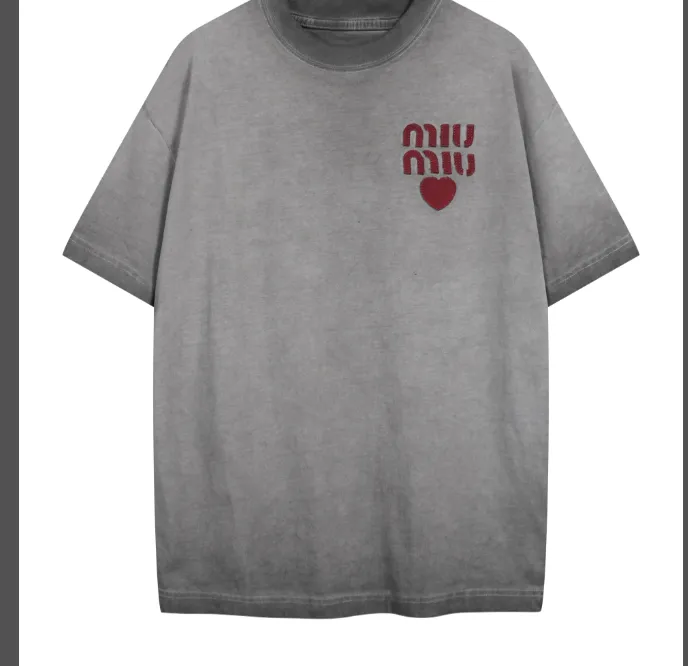 MIU ready to wear cross dyed embroidered love letter short sleeved T-shirt washed with water grey S-XL