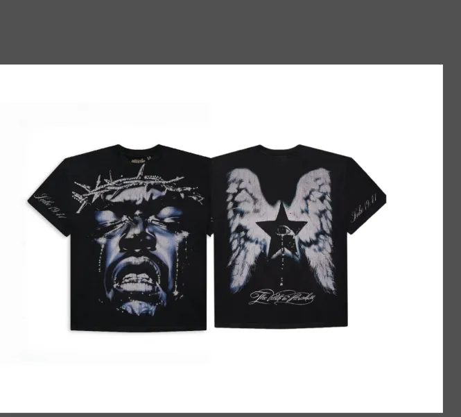 Hellstar "Black Jesus Weeps Angry Portrait Wings" Printed American High Street Washed Men's and Women's Short sleeved T-shirt Washed Black