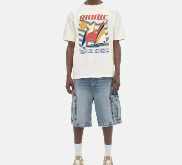 RHUDE POSTER TEE Retro Poster Wind Waves Sailing Sun Letter Printed Short Sleeve T-shirt Apricot S M L XL