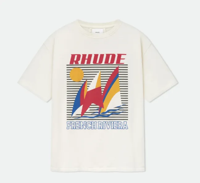 RHUDE POSTER TEE Retro Poster Wind Waves Sailing Sun Letter Printed Short Sleeve T-shirt Apricot S M L XL