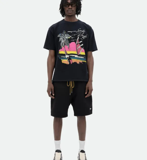 RHUDE SAINT TEE Palm Tree Beach Island Sunshine Sunset Printed Short sleeved T-shirt Black S M L XL