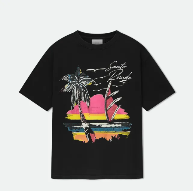 RHUDE SAINT TEE Palm Tree Beach Island Sunshine Sunset Printed Short sleeved T-shirt Black S M L XL