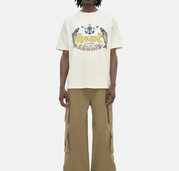 RHUDE SARDINES TEE Vintage American Palm Tree sardine Pattern English Print Short Sleeve T-shirt Apricot S M L XL