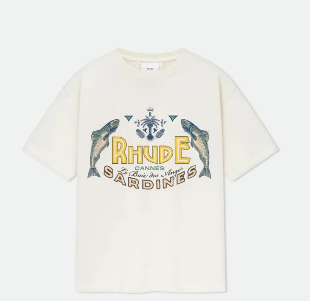 RHUDE SARDINES TEE Vintage American Palm Tree sardine Pattern English Print Short Sleeve T-shirt Apricot S M L XL