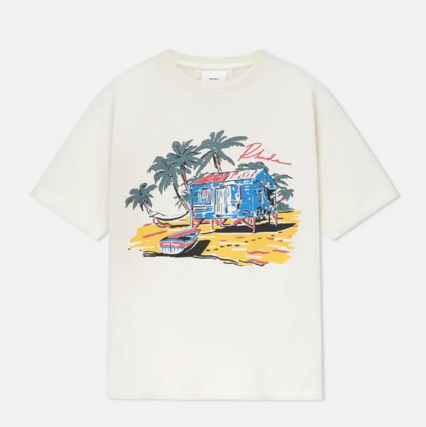 RHUDE BEACH SIDE TEE American retro tropical beach coconut print loose short sleeved t-shirt in apricot color S M L XL