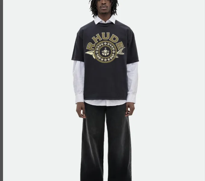 RHUDE BLACK CAVIAR TEE Retro English Letter Sturgeon Caviar Pattern Printed Short Sleeve T-shirt