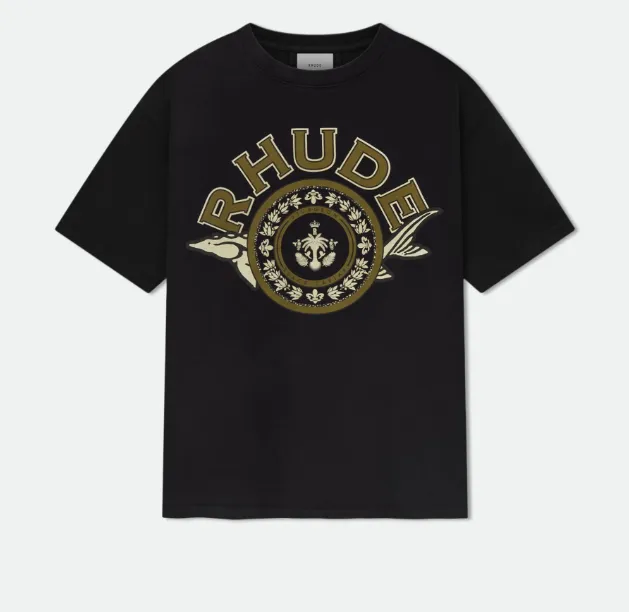 RHUDE BLACK CAVIAR TEE Retro English Letter Sturgeon Caviar Pattern Printed Short Sleeve T-shirt