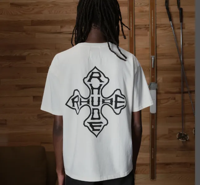 RHUDE CROSS TEE Retro English Cross American Simple Printed Short Sleeve T-shirt