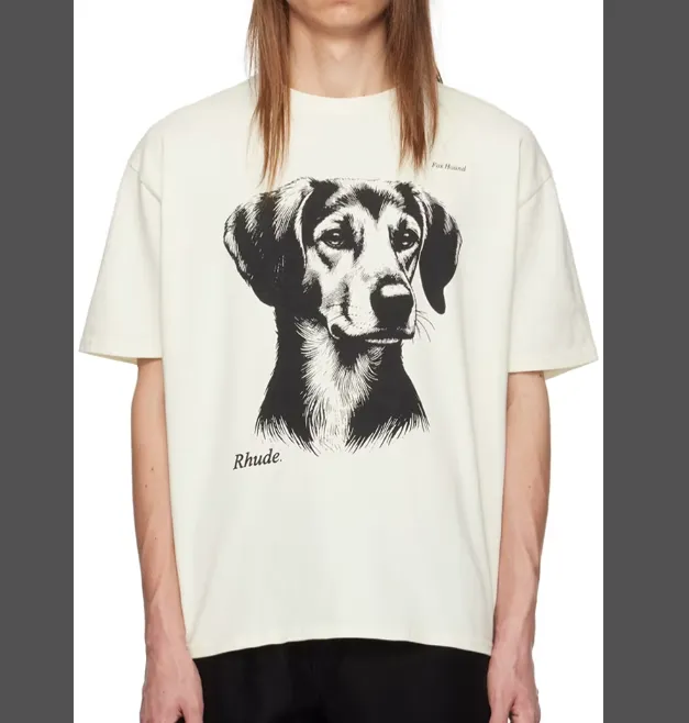 Rhude 'Fox Hound' Doggy Graphic T-shirt with Black and White Animal Pattern Printed American Short sleeved T-shirt