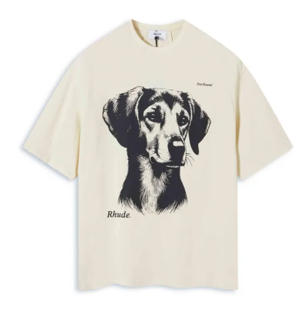 Rhude 'Fox Hound' Doggy Graphic T-shirt with Black and White Animal Pattern Printed American Short sleeved T-shirt