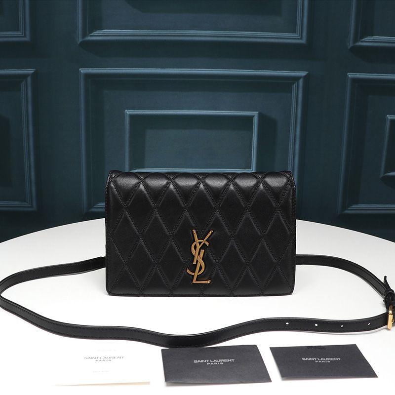 Saint Laurent Angie Bag In Diamond-Quilted Lambskin Black Gold