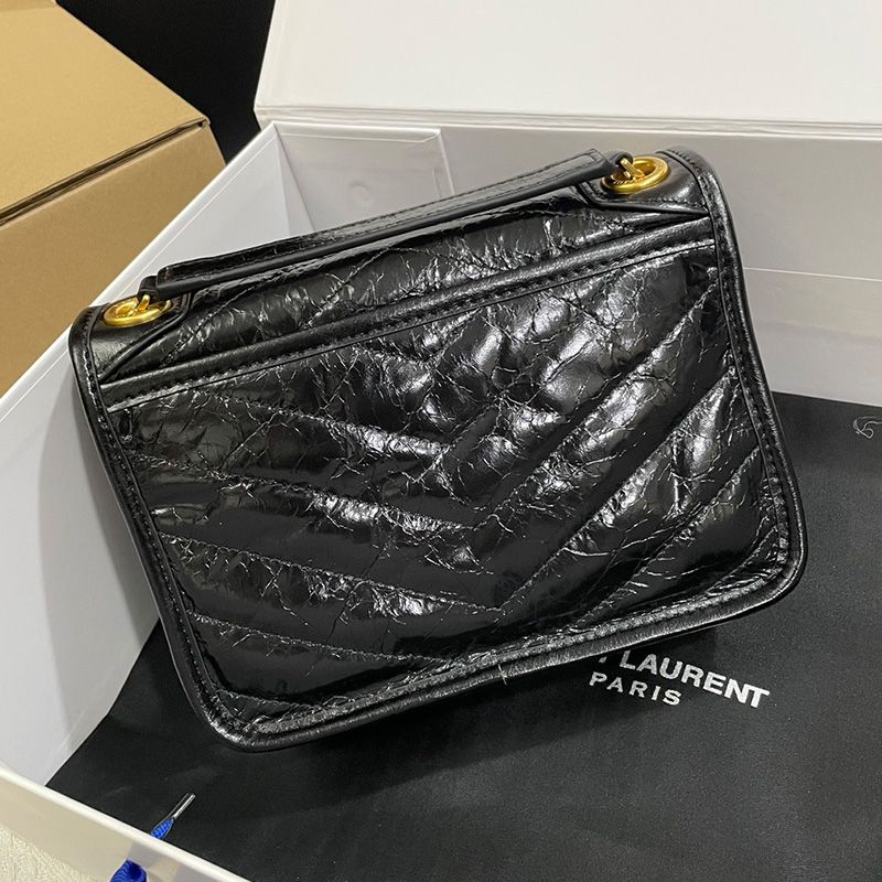 Saint Laurent Baby Niki Chain Bag In Crinkled And Quilted Leather Black Gold