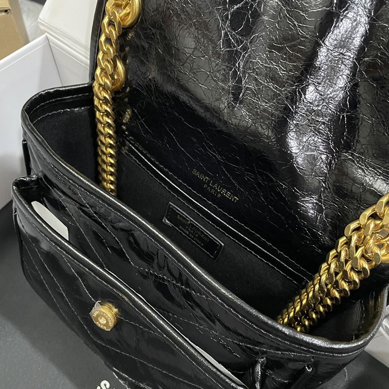 Saint Laurent Baby Niki Chain Bag In Crinkled And Quilted Leather Black Gold