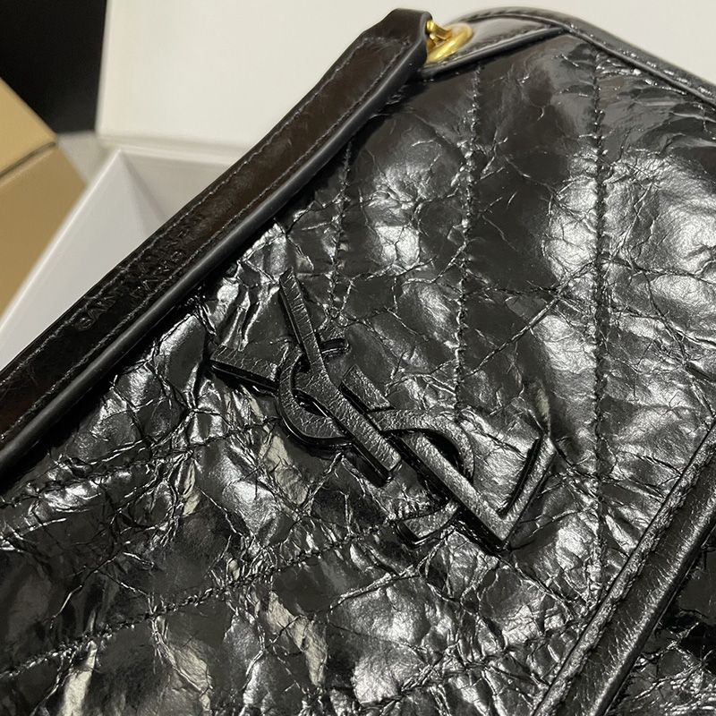 Saint Laurent Baby Niki Chain Bag In Crinkled And Quilted Leather Black Gold