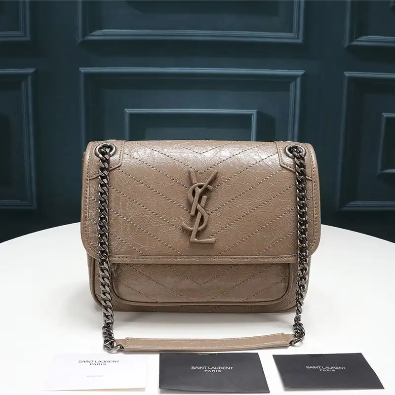 Saint Laurent Baby Niki Chain Bag In Crinkled And Quilted Leather Apricot Silver