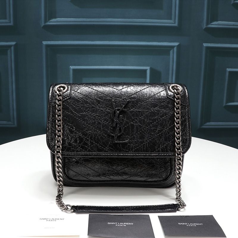 Saint Laurent Baby Niki Chain Bag In Crinkled And Quilted Leather Black Silver